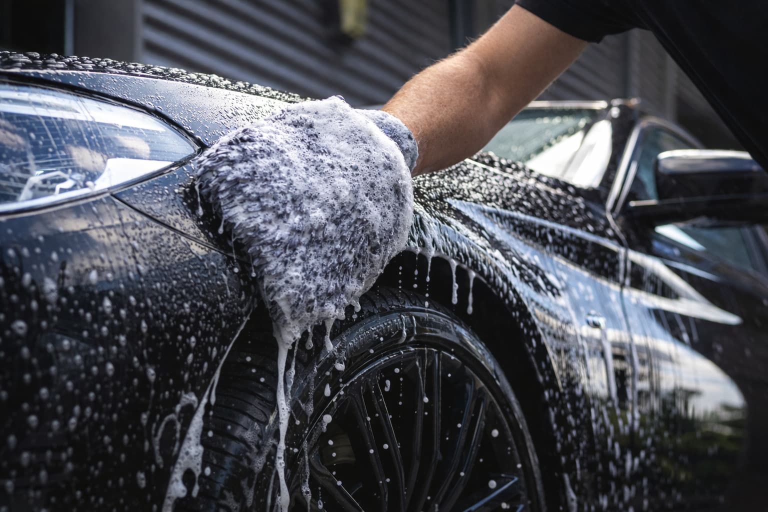 Vehicle being cleaned with careful finishing in a wash bay